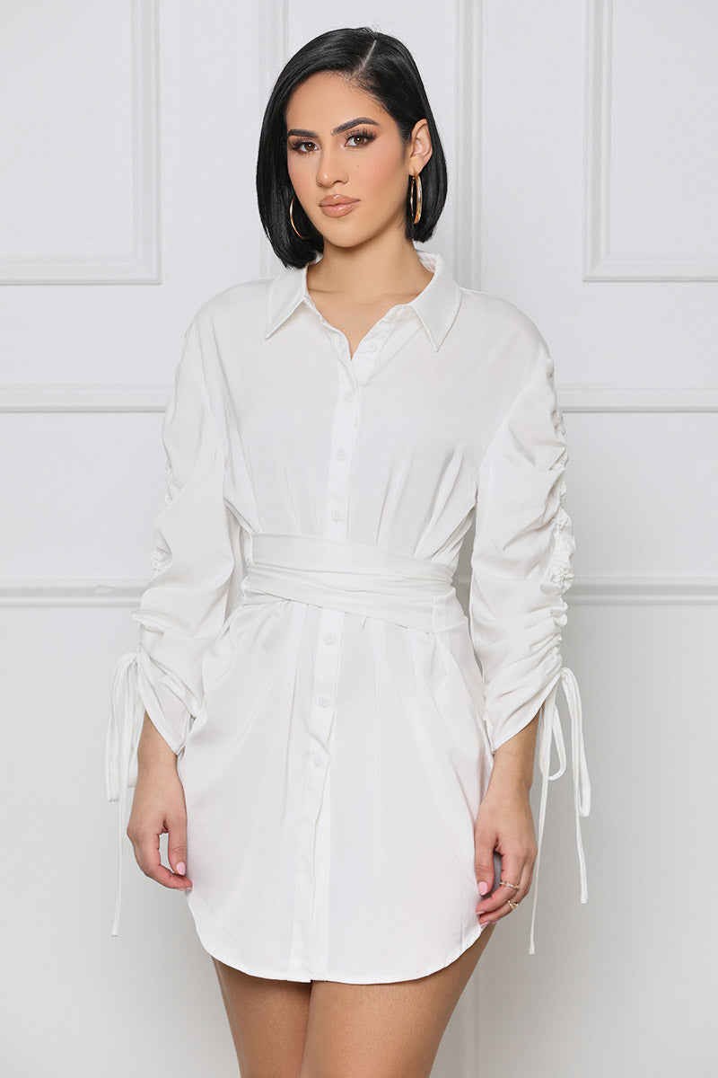 Satin Button Down Wrap Dress (White ...